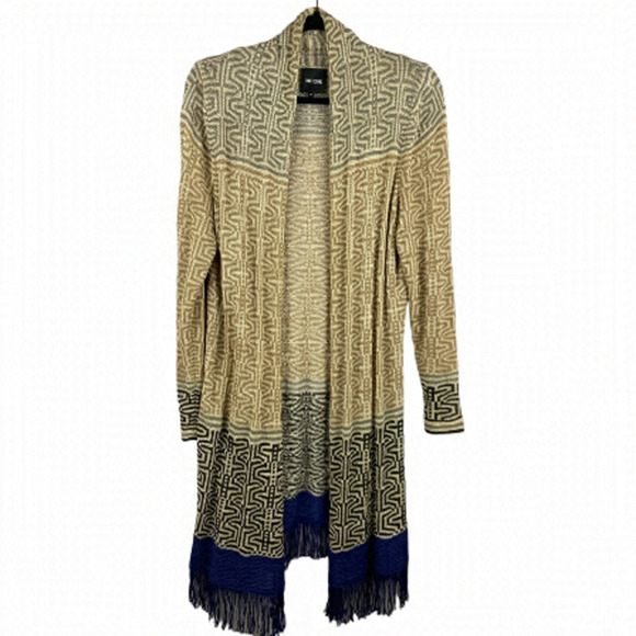 NIC + Zoe Linen Blend Boho Geometric Open Front Fringe Cardigan Medium Cream - Picture 2 of 12